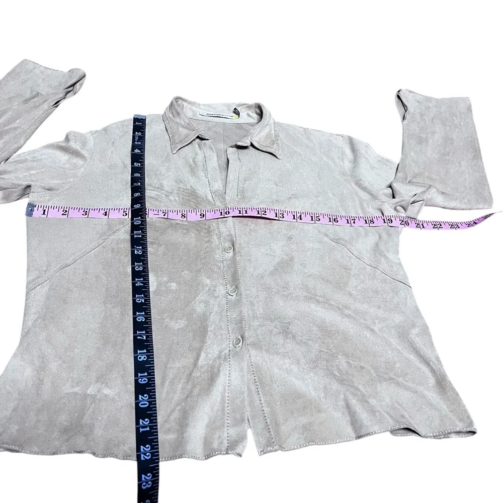 VINTAGE MAXSTUDIO Faux Suede 90s Y2K Beige Chamois Flare Sleeve Blouse SZ: L - Picture 8 of 10